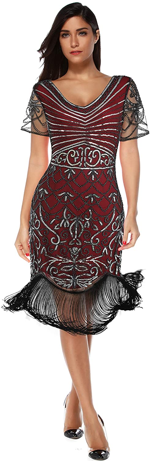 Price:$35.88    Women's Flapper Vintage Dresses 1920s Beaded Fringed Great Gatsby Dress (Silver&Red, L)  Clothing