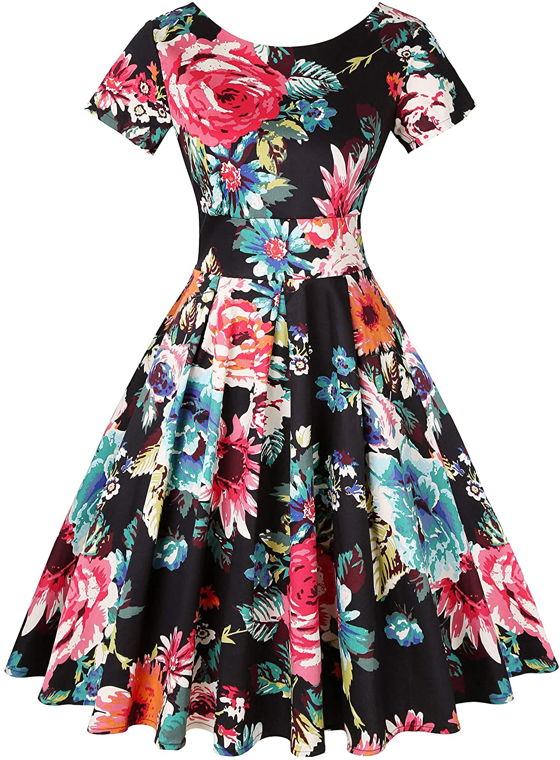Price:$28.99 MINTLIMIT 70s Vintage Floral Evening Party Dress Short Sleeve Retro Tea Dress (Floral Black, Size M) at Amazon Women’s Clothing store