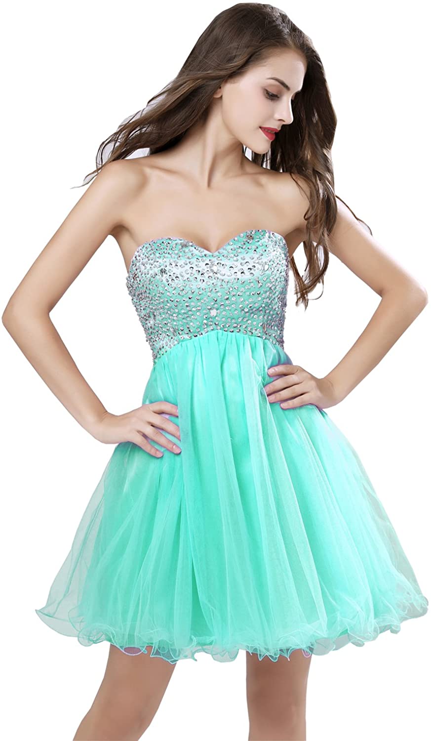 Price:$39.90    anmor Juniors Elegant Short Homecoming Dress Beaded Cocktail Party Dress Mint US4  Clothing