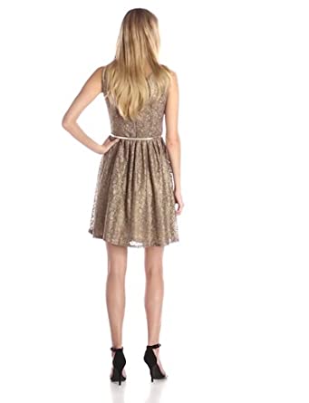 Price:$69.99    ELLEN TRACY Women's Pleated Lace Dress with Belt  Clothing