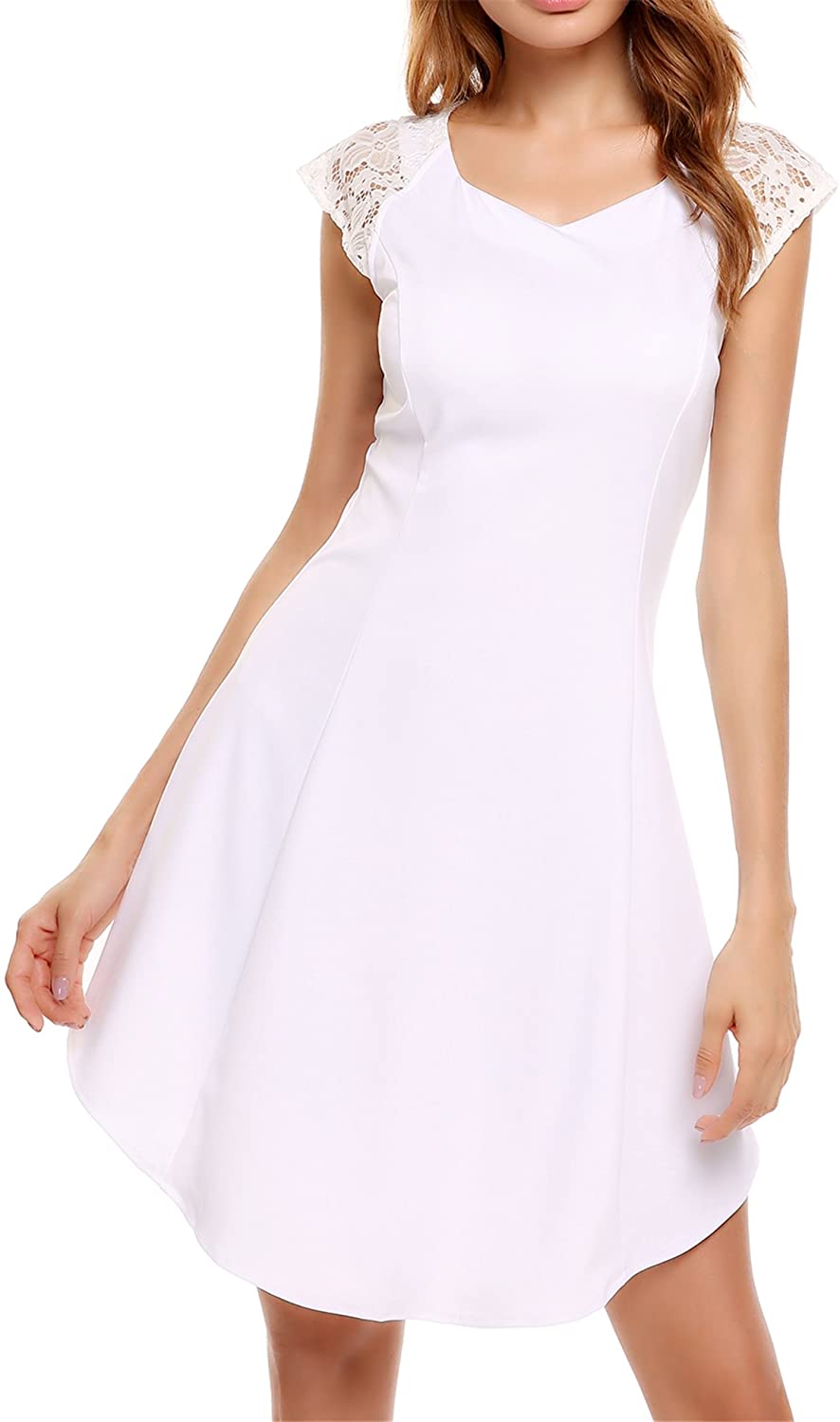 Price:$43.30    Meaneor Women's A-Line Lace Cap Sleeve Pleated Cocktail Party Mini Dress  Clothing