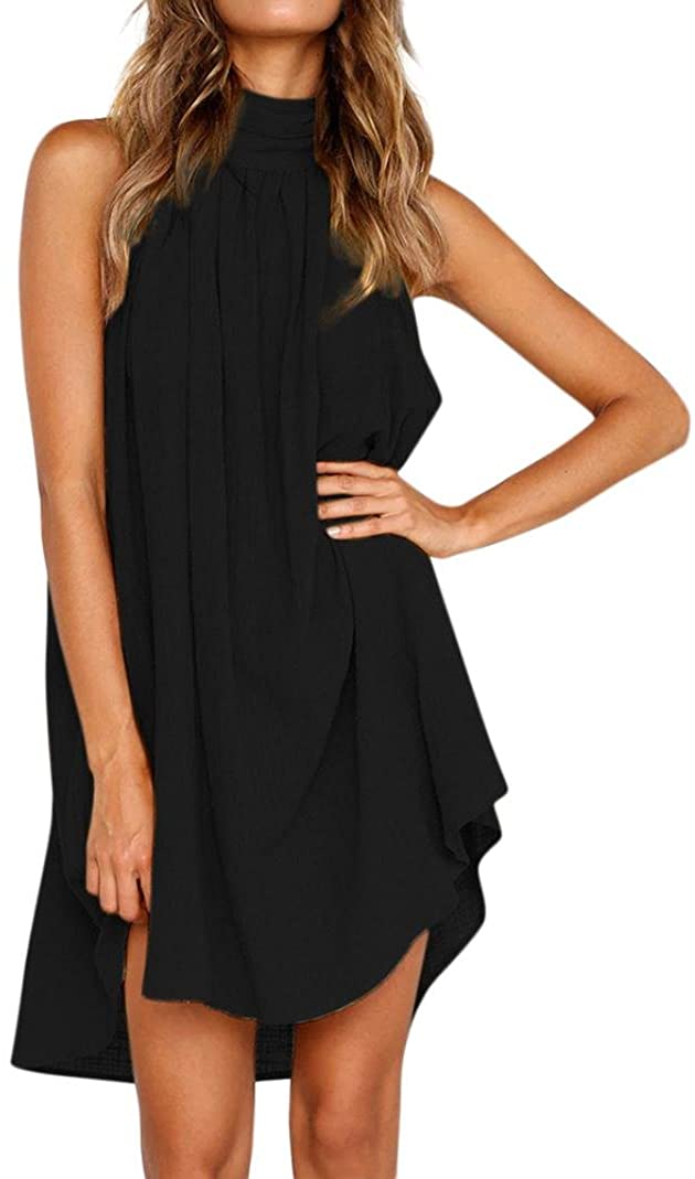 Price:$3.34 iQKA Women Ladies Elegant Turtleneck Sexy Backless Solid Flowy Beach Party Summer Mini Dress Cute Sundress at Amazon Women’s Clothing store