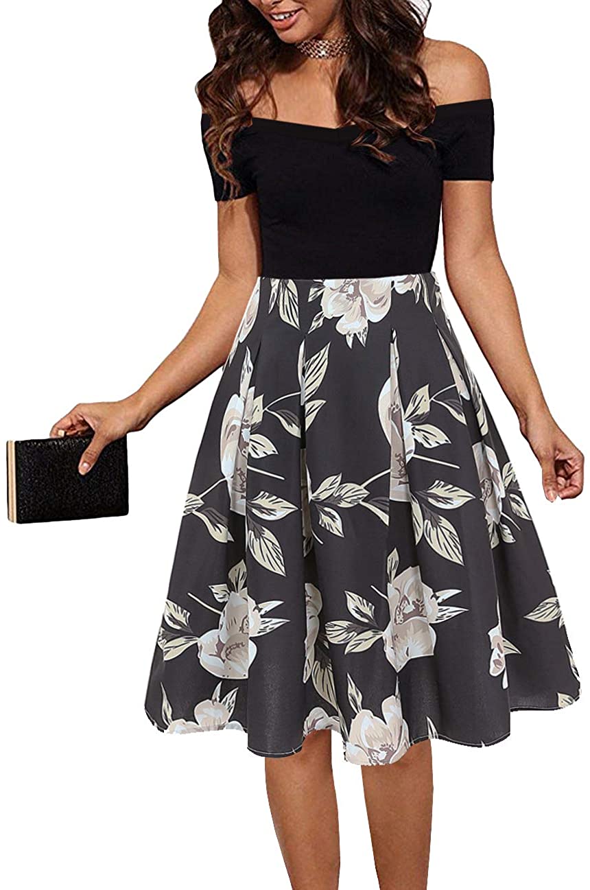 Price:$26.99 Dressmine Womens Summer Off The Shoulder Dress Sexy Vintage Cocktail Skater Dress at Amazon Women’s Clothing store