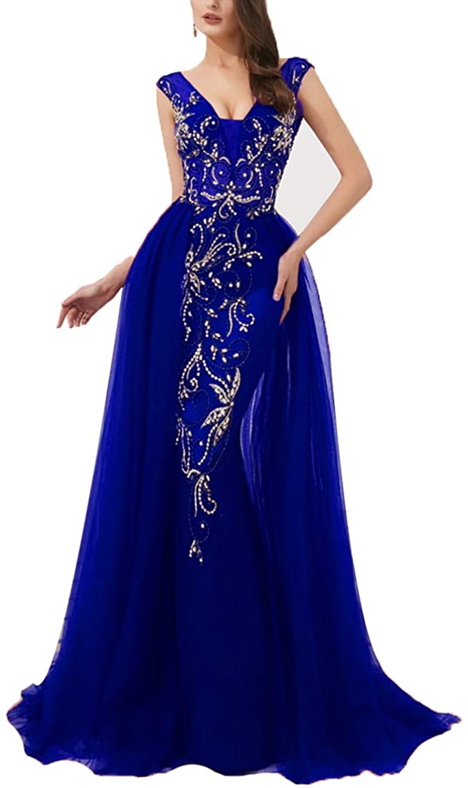 Price:$122.99 SDRESS Women's Appliques Off Shoulder Long Sleeve Mermaid Formal Prom Dress Overskirt Side-Slit Evening Gown at Amazon Women’s Clothing store