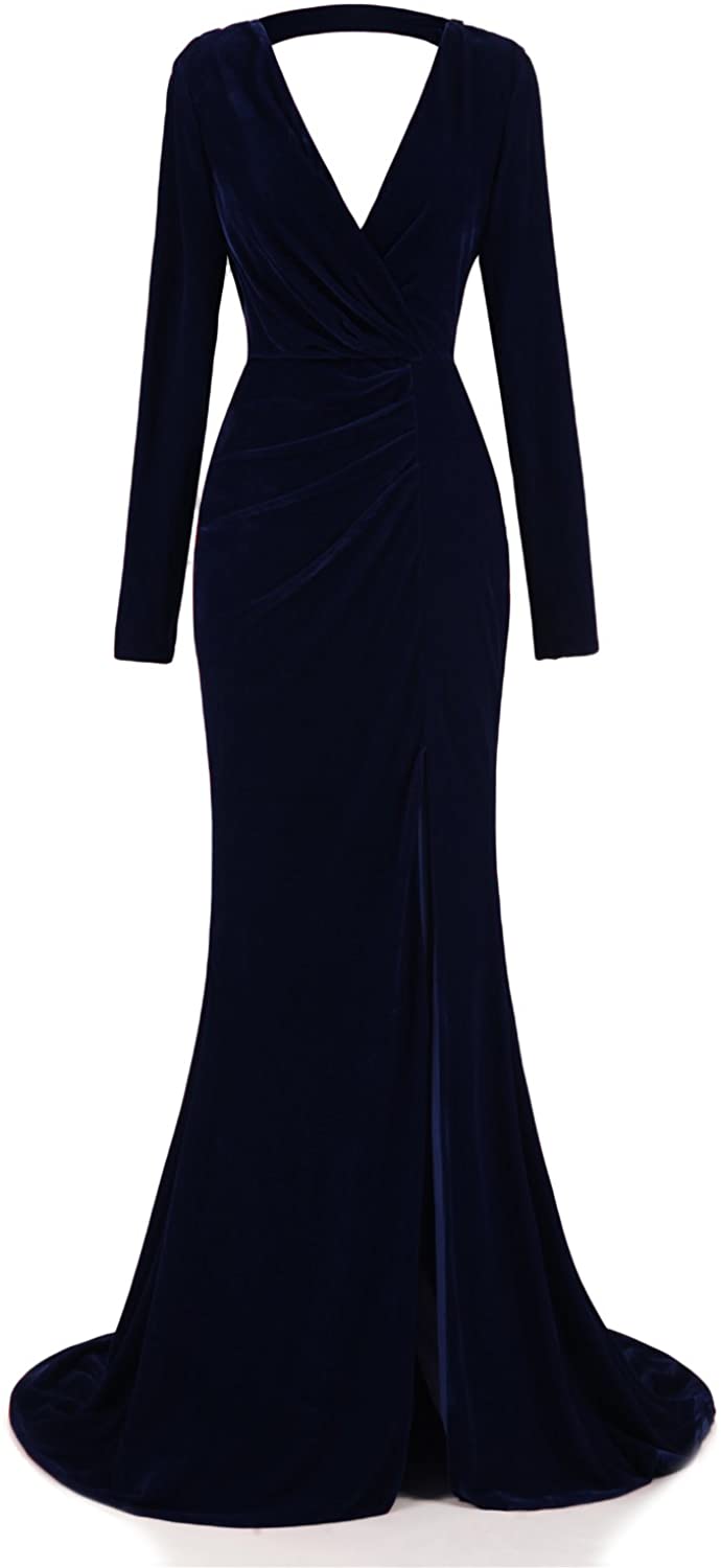 Price:$99.89 Ruolai Women's Velvet Evening Gown Plunging Neckline Prom Dress Long Sleeve Party Gown at Amazon Women’s Clothing store