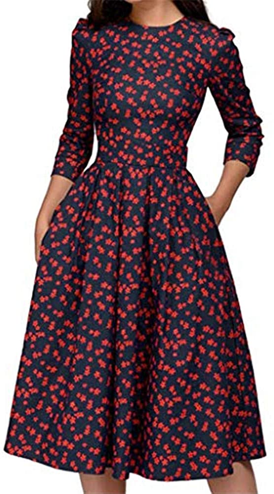 Price:$8.36    Xinantime Women 3/4 Sleeve Midi Evening Dress Floral Vintage Dress Elegant Party Club Midi Dress  Clothing