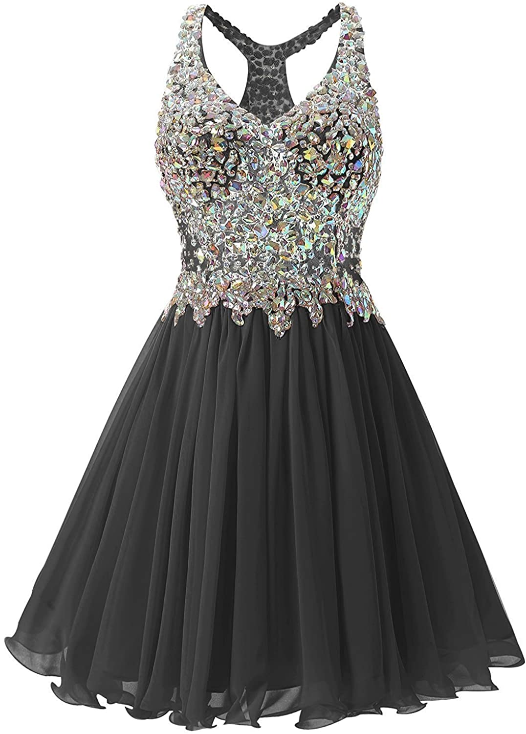 Price:$89.98 M Bridal Women's Rhinestones Illusion Bodice V-Neck Short Prom Homecoming Dress at Amazon Women’s Clothing store