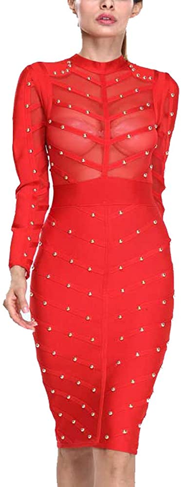 Price:$69.00    HLBandage Long Sleeve Mesh Beaded Knee Length Rayon Bandage Dress  Clothing
