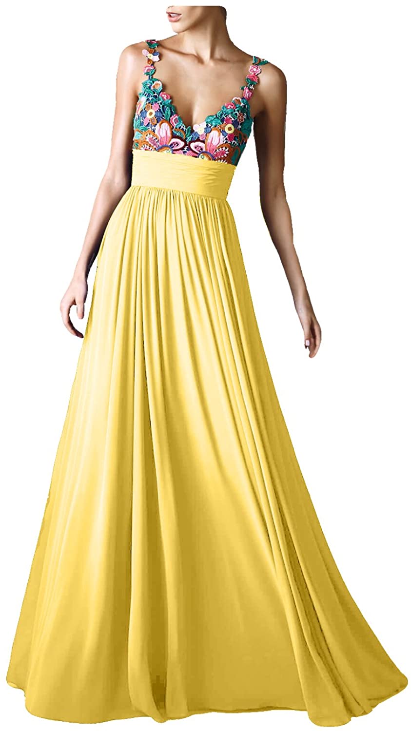 Price:$89.98    Floral Embroidery Prom Dresses Long Chiffon Lace V-Neck Spaghetti Evening Formal Gowns for Women  Clothing