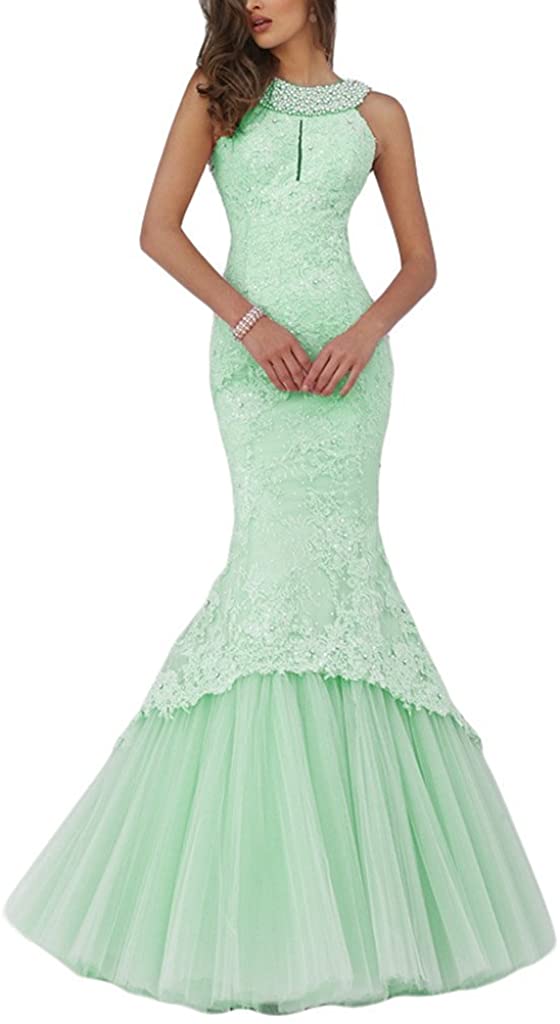 Price:$126.00 Promworld Women's Mermaid Lace Evening Gowns Halter Key Hole Beaded Long Prom Dress at Amazon Women’s Clothing store