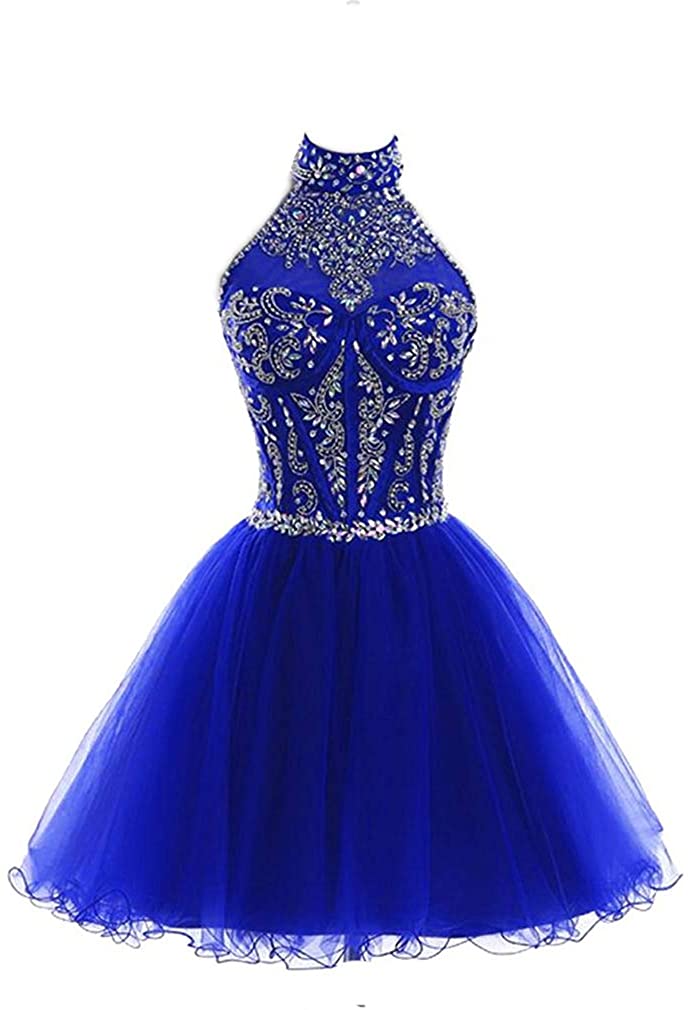 Price:$59.00    HEIMO Women's Halter Beading Homecoming Dresses Sequined Backless Prom Gowns Short H233  Clothing