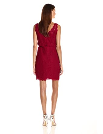 Price:$116.47    Adrianna Papell Sleeveless Lace Blouson Dress in Crimson Red  Clothing
