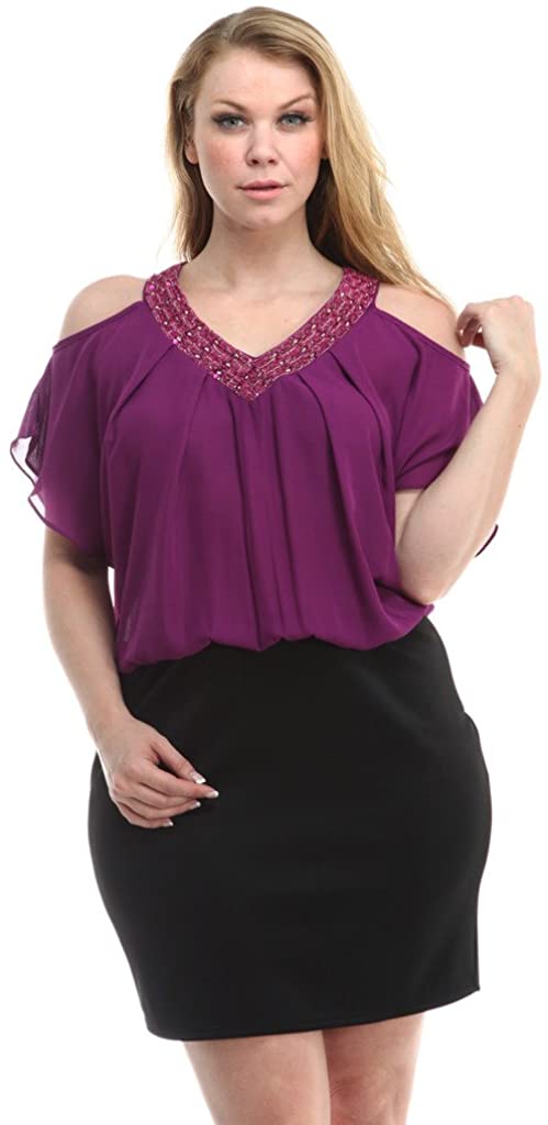 Price:$19.25    Stylzoo Junior Plus Size Cold Shoulder Dress with V-Neck Beaded Neckline  Clothing