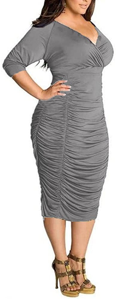 Price:$29.99    ON Womens Plus Size Deep V Neck Wrap Ruched Waisted Bodycon Dress  Clothing