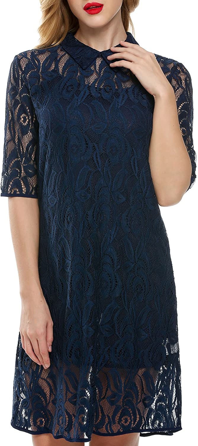 Price:$27.98    ACEVOG Women Doll Collar 3/4 Sleeve Pleated Floral Lace Evening Dress  Clothing