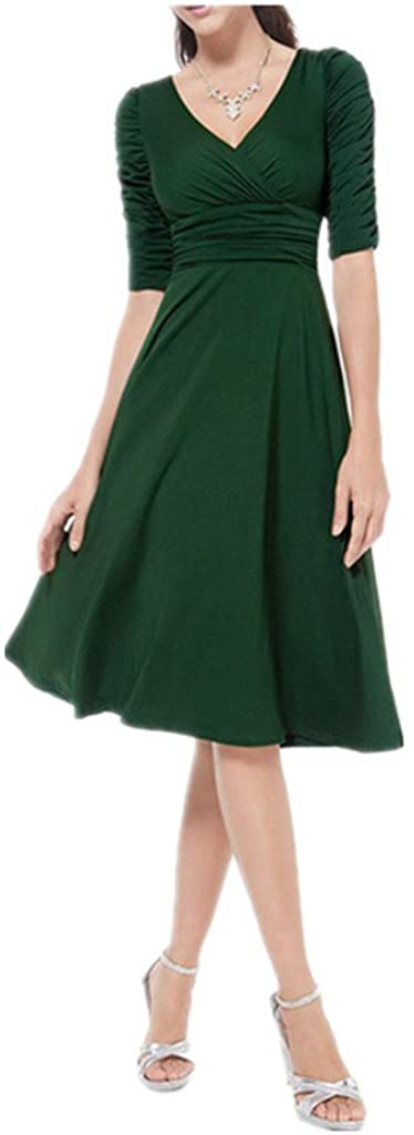 Price:$26.16    Enlishop Women's Half Sleeve V Neck Ruched Waist Pleated Cocktail Mini Dress  Clothing