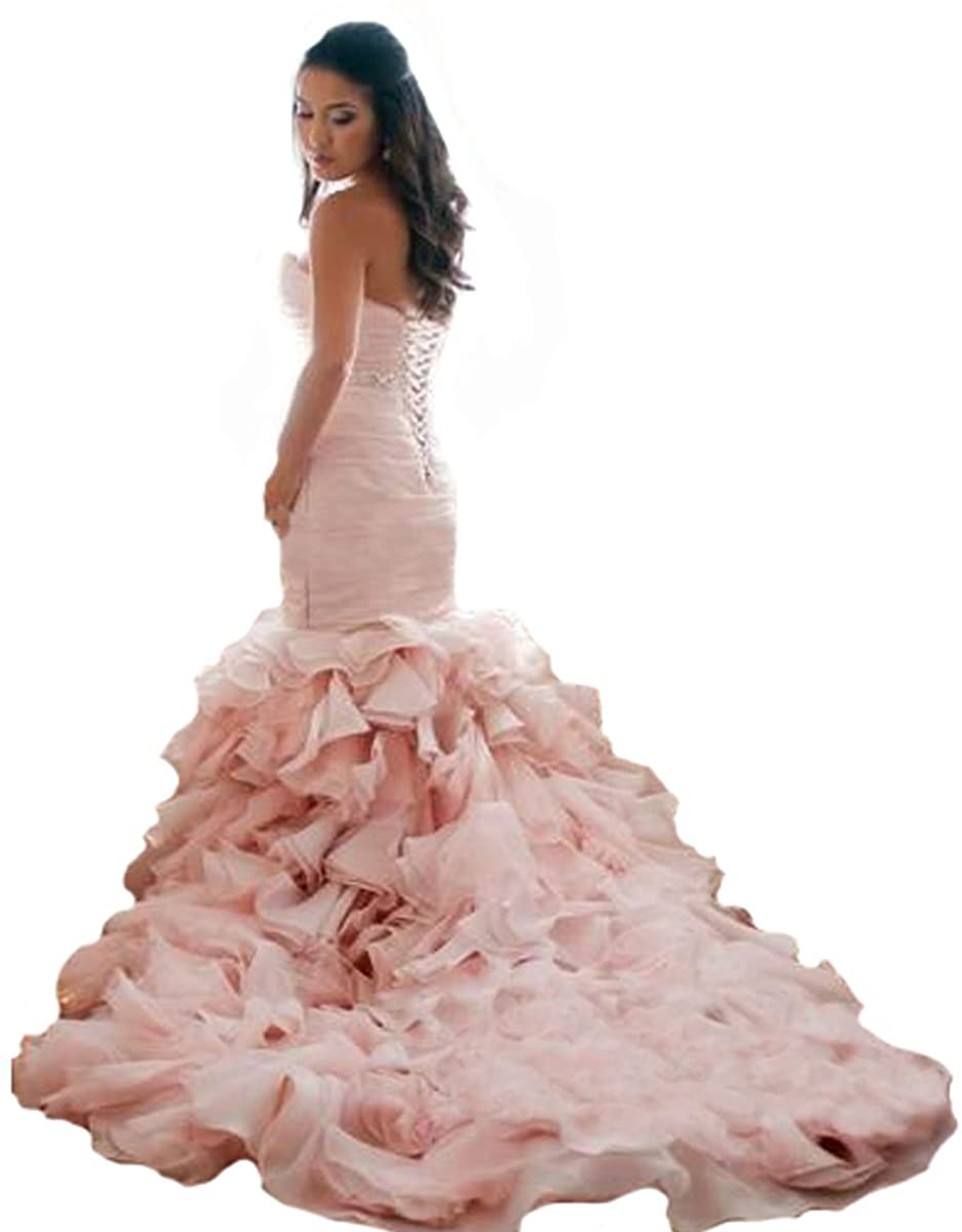 Price:$145.00    Fair Lady Sweetheart Ruched Pleated Mermaid Wedding Dresses for Bride Plus Size Organza Pink Bridal Gowns  Clothing