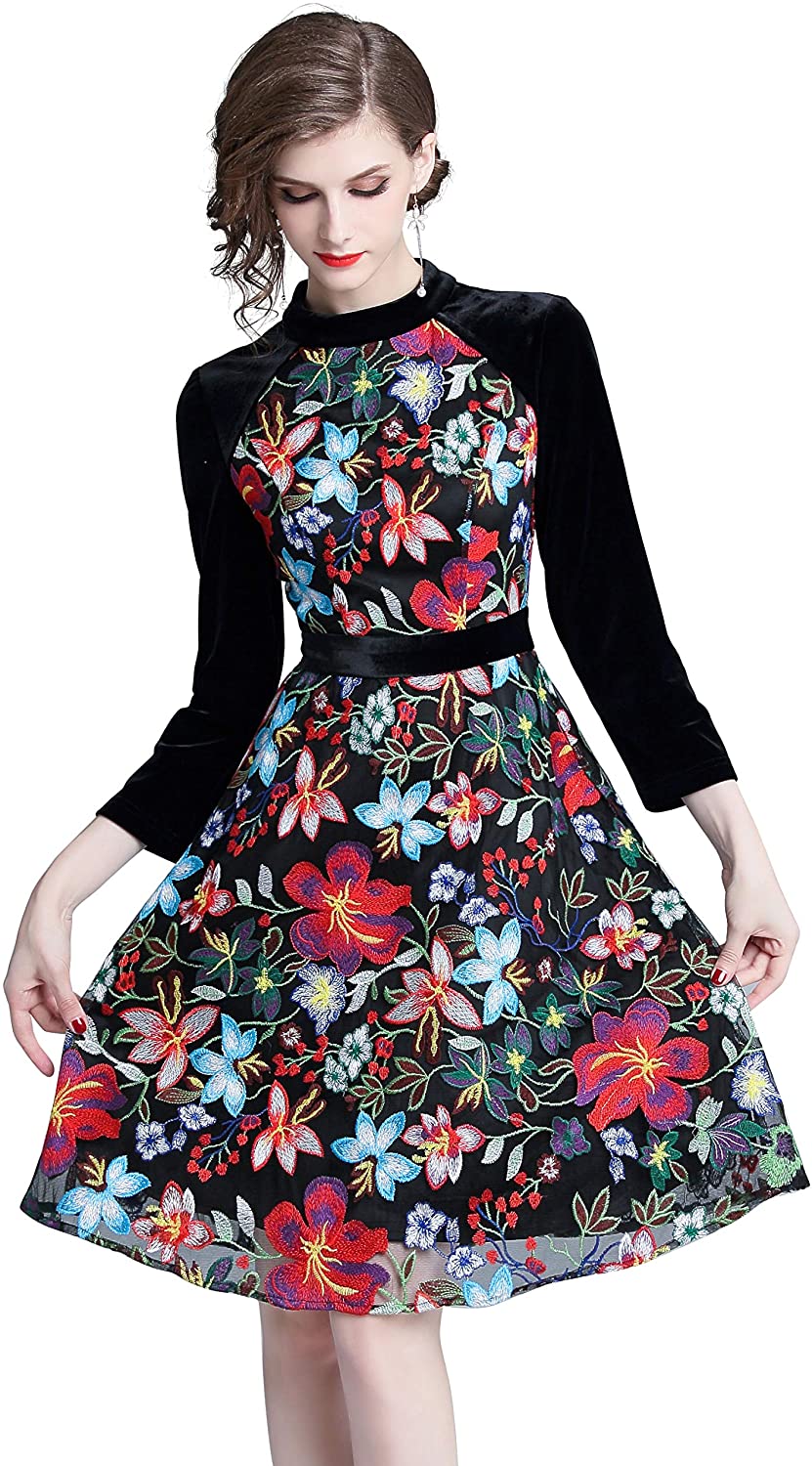 Price:$42.98    Womens 3/4 Sleeves Velvet Patchwork Floral Embroidered Cocktail Party Midi Dress  Clothing
