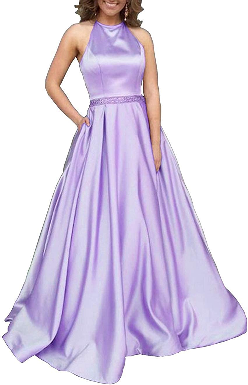 Price:$59.99 Halter Prom Dresses Long Satin Backless Beaded Evening Formal Gowns with Pockets for Women at Amazon Women’s Clothing store