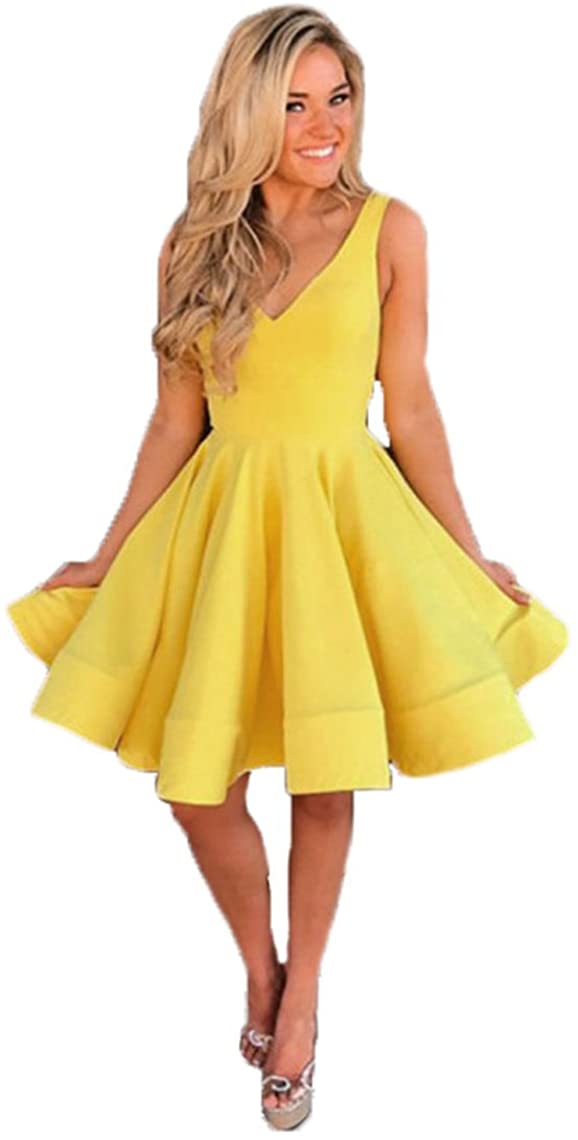 Price:$0.00    Graceprom Women's Short Yellow Homecoming Dress V Neck Prom Cocktail Party Dress  Clothing