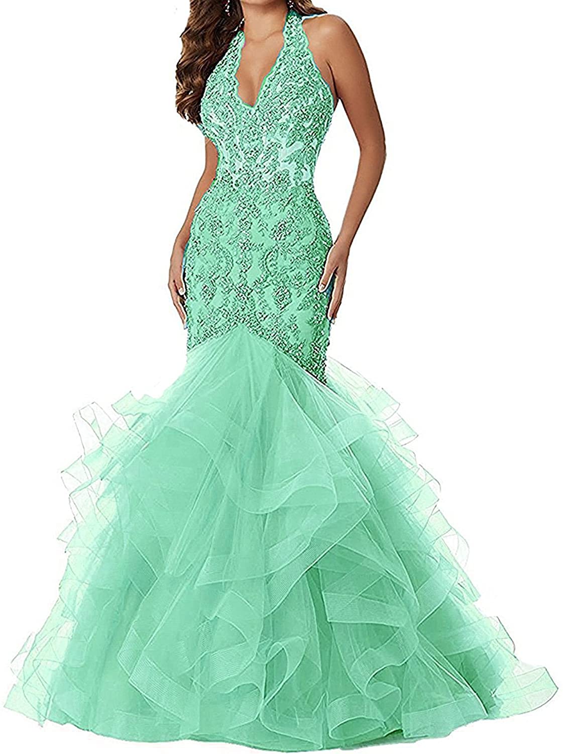 Price:$0.00 PromQueen Women's V Neck Applique Mermaid Prom Dress Halter Formal Gown005 at Amazon Women’s Clothing store