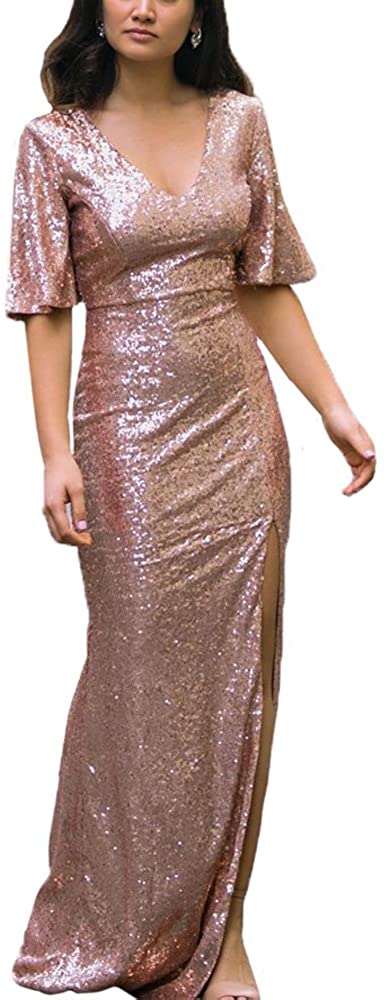 Price:$69.99 karever Women Sparkly Sequins Bridesmaid Dresses V Neck Side Slit Long Sequined Prom Evening Gowns at Amazon Women’s Clothing store