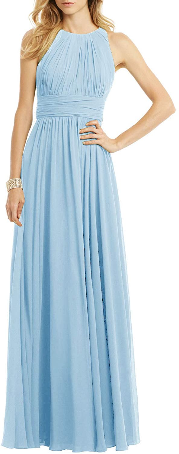 Price:$78.00 Long Bridesmaid Dresses Chiffon Formal Evening Prom Dress Wedding Maxi Gown Sleeveless at Amazon Women’s Clothing store