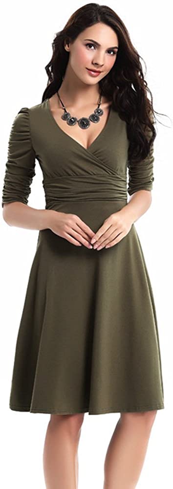 Price:$16.99 TINYHI 3/4 Sleeve Ruched Waist Elegant V-Neck Casual Party Dress at Amazon Women’s Clothing store