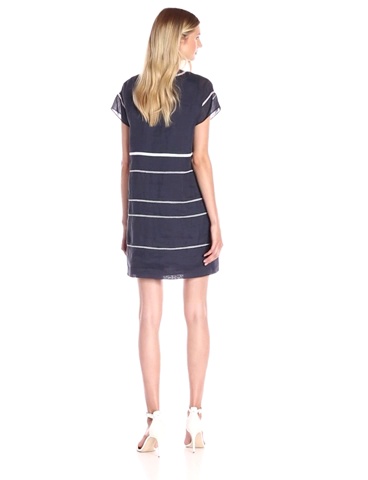 Price:$83.99    Vince Women's Ramie Lace Insert Popover Dress, Coastal/Optic White, 4  Clothing