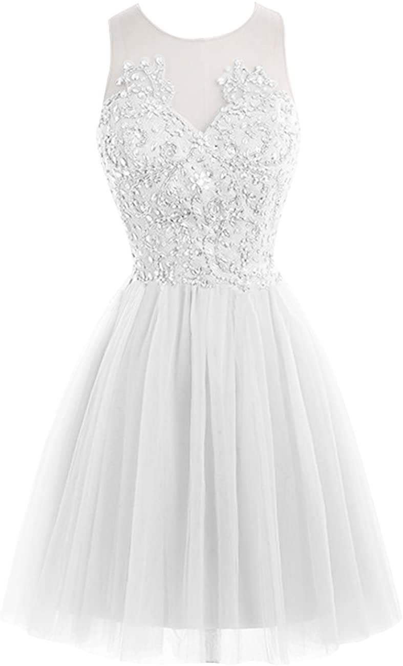 Price:$0.00 JAEDEN Short Lace Homecoming Dress Tulle Prom Party Gown See Through Back Cocktail Dress Sleeveless at Amazon Women’s Clothing store