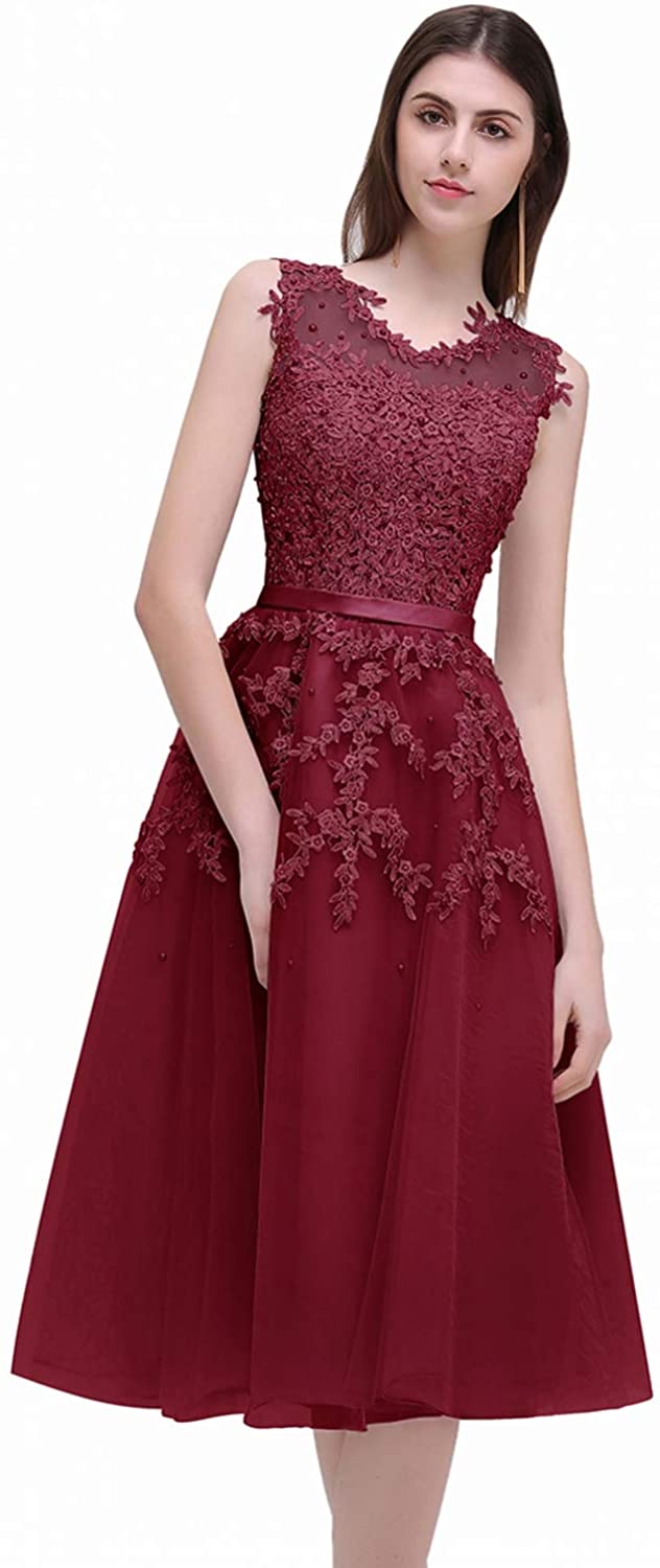 Price:$0.00    Women Sleeveless Tulle Homecoming Dress Lace Applique Short Evening Dress  Clothing