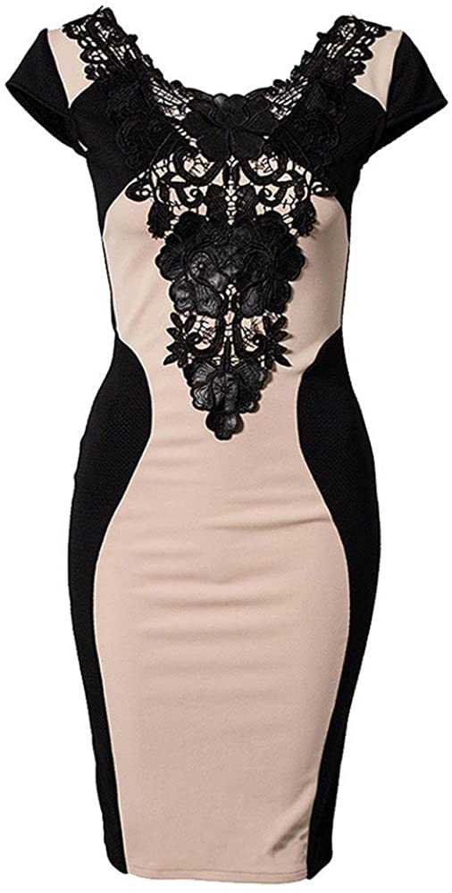 Price:$0.00    Abody Women's Lace Embroidery Splicing Bodycon Pencil Beige Dress  Clothing