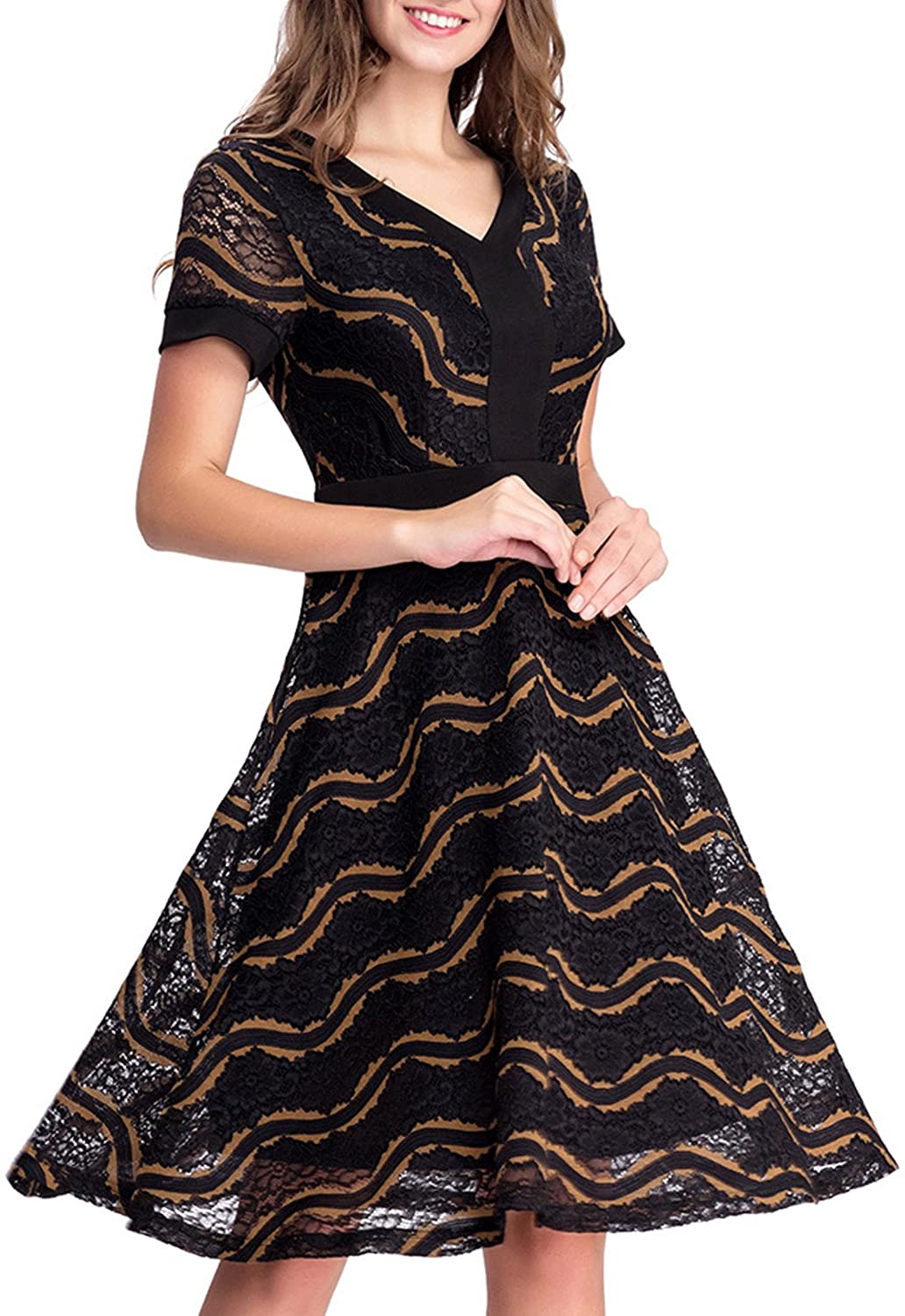 Price:$39.99    Noctflos Women's Vintage Lace V-Neck Flare Elegant Cocktail Party Dress Black and Yellow  Clothing
