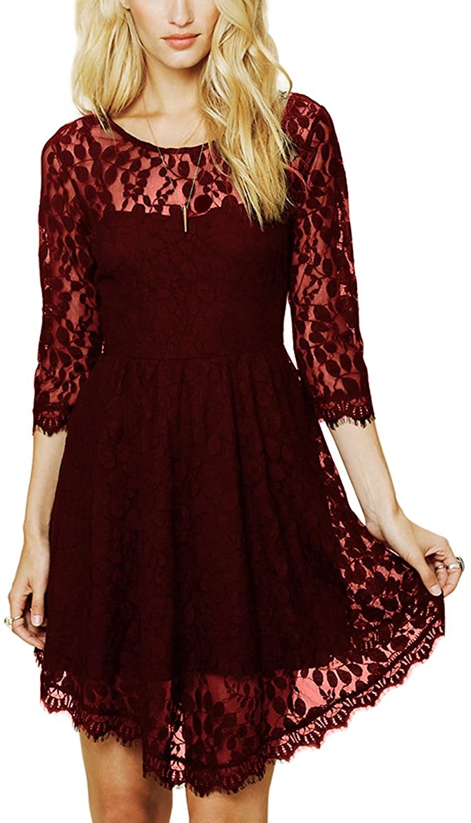 Price:$21.99 CA Fashion Women's 3/4 Sleeve Twinset 2 PCs Lace Asymmetrical Hem Dress at Amazon Women’s Clothing store