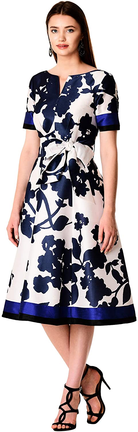 Price:$89.95    eShakti FX Contrast Trim Graphic Floral Print Dupioni Dress  Clothing