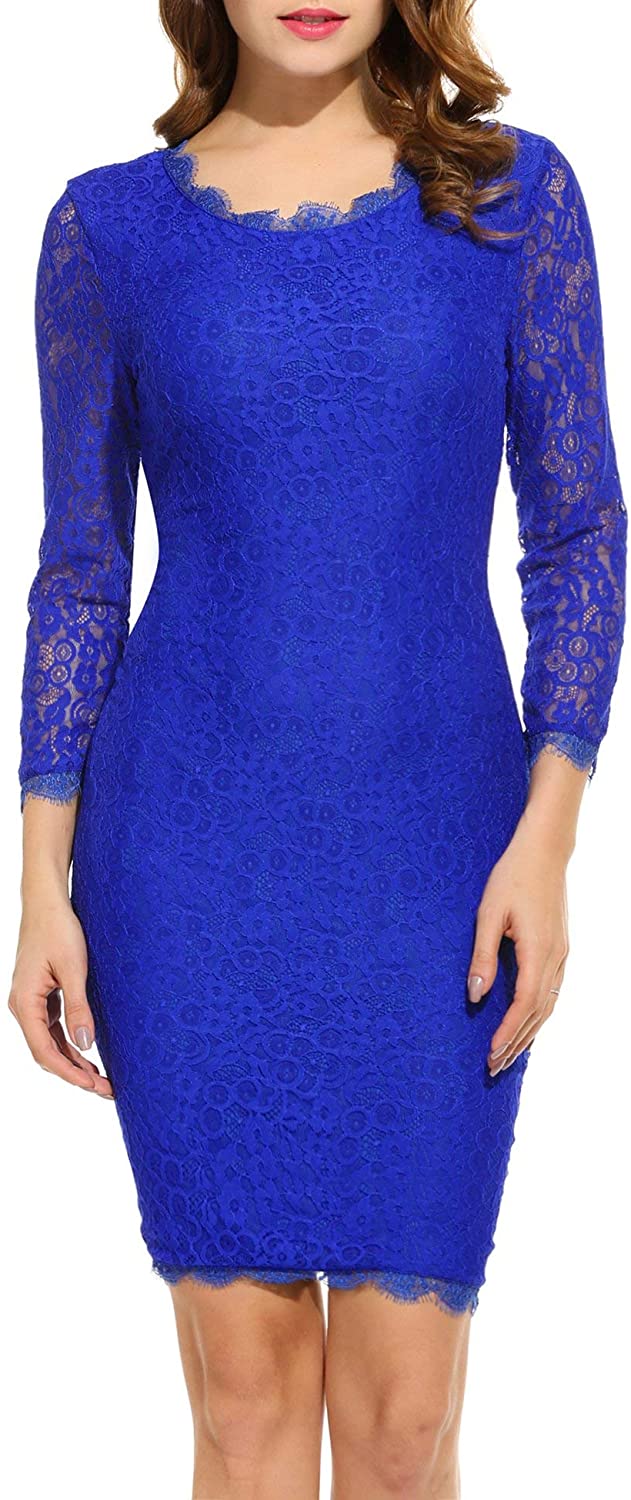 Price:$29.99    ACEVOG Women Ladies Package Hip Knee Length Floral Lace Pencil Party Dress (Small, Blue)  Clothing