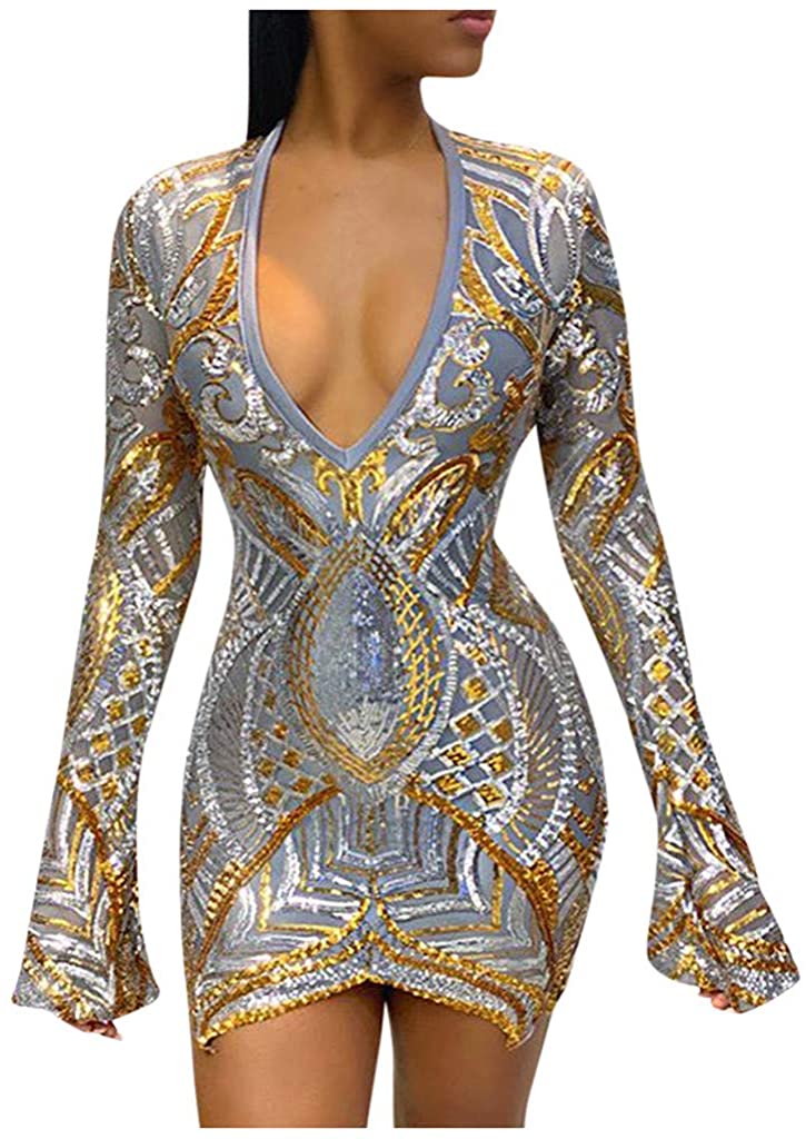 Price:$13.00    Vild Sequin Dress for Women, V Neck Long Sleeve Bodycon Sexy Mini Cocktail Party Night Out Outfit Summer Clothes  Clothing