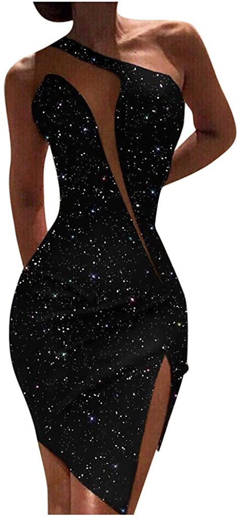 Price:$8.50 Vild Glitter Dress for Women, Black Velvet One Shoulder Bodycon High Split Mini Sexy Party Club Night Out Outfit at Amazon Women’s Clothing store