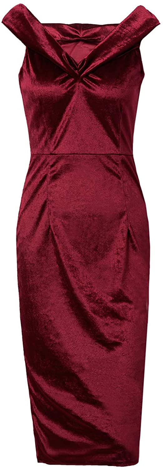 Price:$10.99 Women's Vintage Sweetheart Neckline Off Shoulder Cocktail Party Bodycon Velvet Midi Dress at Amazon Women’s Clothing store
