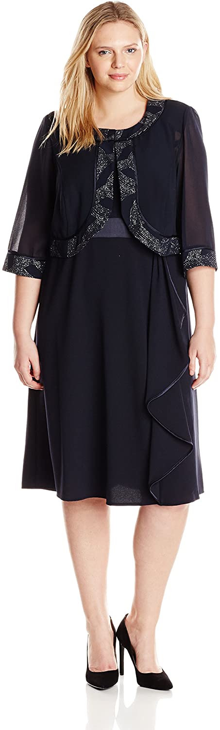 Price:$54.05    Maya Brooke Women's Plus-Size Side-Ruffle Dress with Jacket, Navy, 16W  Clothing