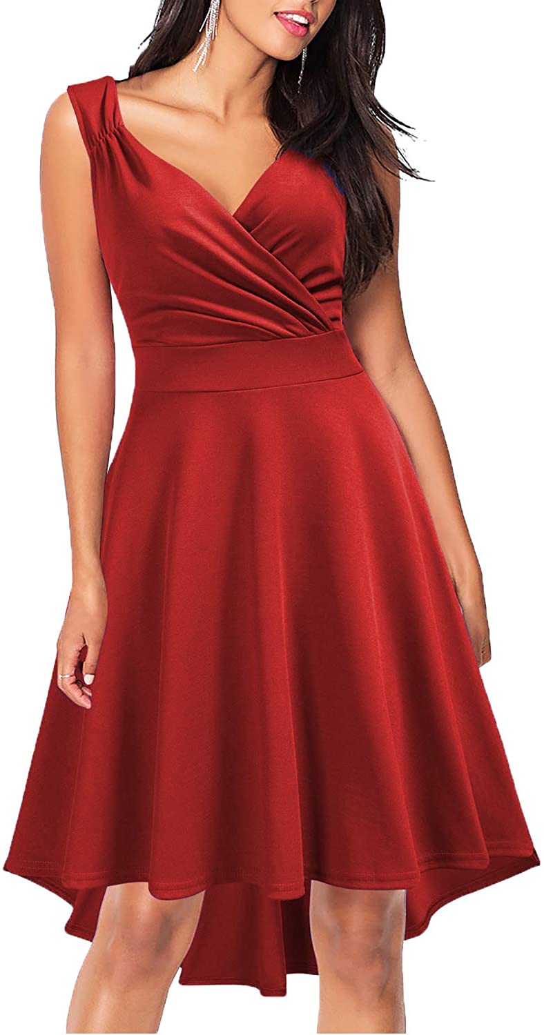 Price:$19.99 MUSHARE Women's 50s 60s Vintage Sleeveless V-Neck High Low Party Cocktail Dress at Amazon Women’s Clothing store