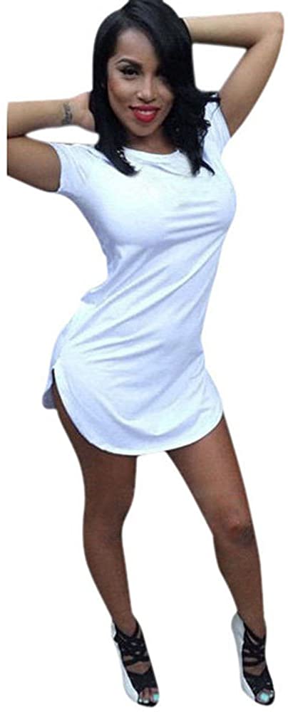 Price:$5.09    Women Short Sleeve Side Slit Dress，Tops Sexy Casual T Shirt Party Mini Clothing White/Black  Clothing