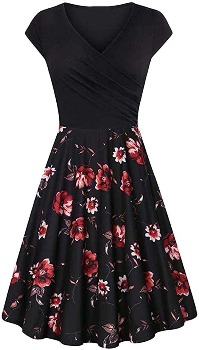 Price:$16.99    YMING Womens Vintage 50s Cocktail Dress Pleated V Neck A Line Swing Midi Dress XS-3XL  Clothing