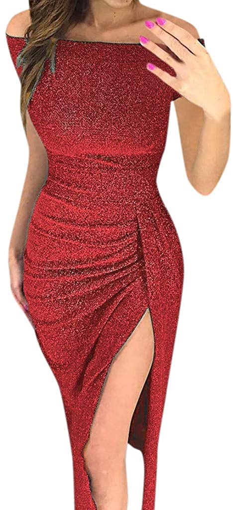 Price:$6.36    Keepmove Evening Dresses for Women Formal Off The Shoulder Fashion V-Neck High Slit Dress Long Sleeve Party Dresses  Clothing