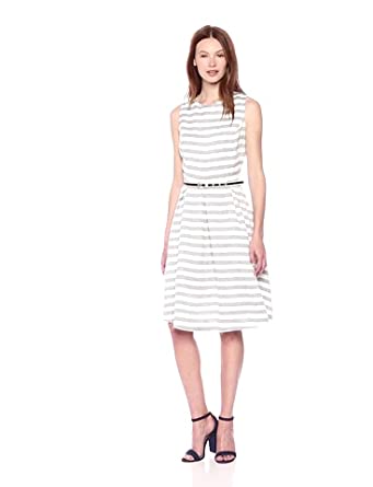 Price:$82.80 NINE WEST Women's Striped FIT and Flare Dress with SELF Belt, Navy/Lily, 2 at Amazon Women’s Clothing store