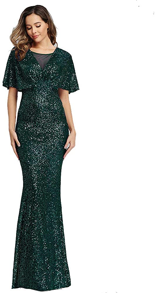 Price:$46.99 Women Stretch Sparkling Gradual V Neck Sequin Mermaid Short Sleeve Evening Dress Prom Dress at Amazon Women’s Clothing store