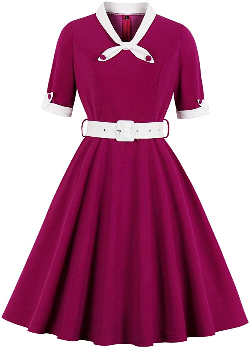 Price:$14.99 Wellwits Women's 1/2 Half Sleeves Sailor Tie Neck 1940s Retro Vintage Dress at Amazon Women’s Clothing store