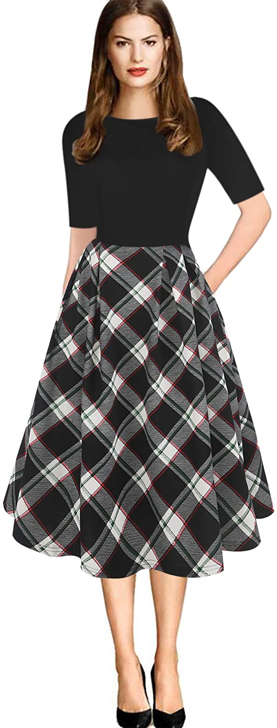 Price:$27.99 Sakaly Women's Retro Church Black Plaid Pockets Half Sleeve Rockabilly Swing Party Cocktail Flare Midi Dress SK165 (M, Bk-MuPd) at Amazon Women’s Clothing store