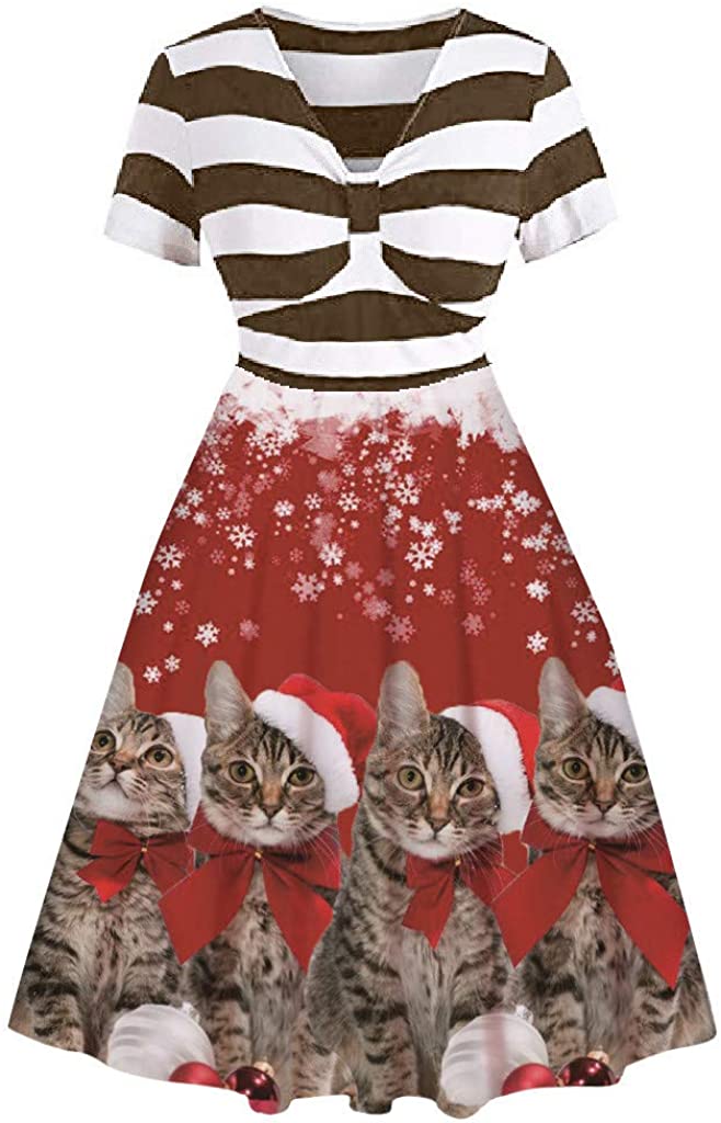 Price:$0.11    Dunacifa Womens Short Sleeve Christmas Dress Stripe Santa Claus Print V-Neck Vintage Swing Party Dress  Clothing