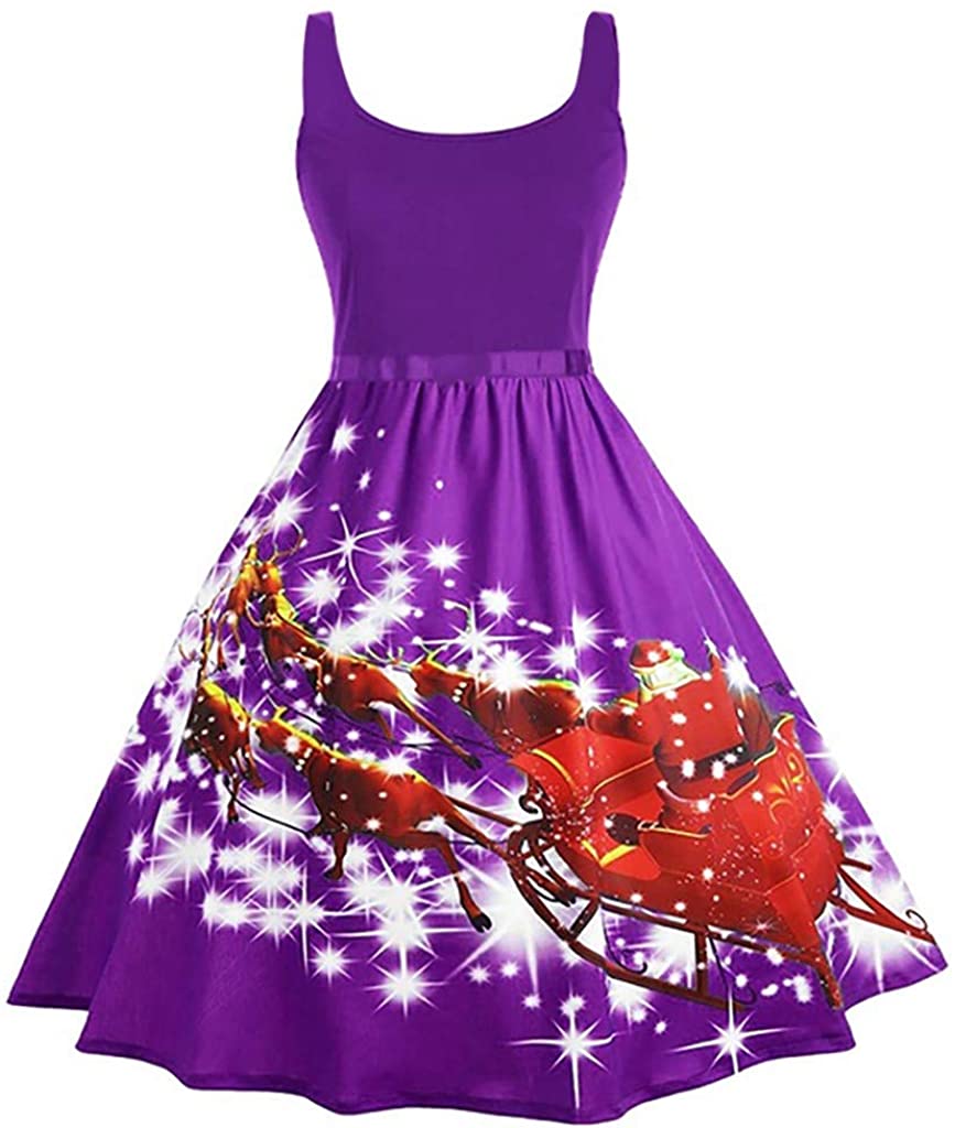 Price:$0.34    Dunacifa Women Vintage Christmas Printed Retro Dress Halter Sleeveless Evening Party Prom Swing Dress  Clothing